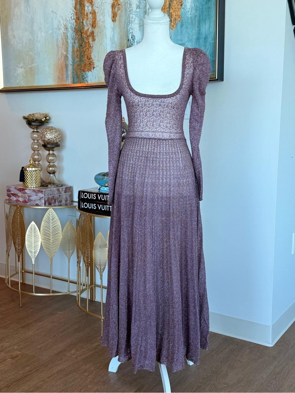 Long-Sleeve Shimmer Scoop-Neck Maxi Dress in Dusty Mauve
